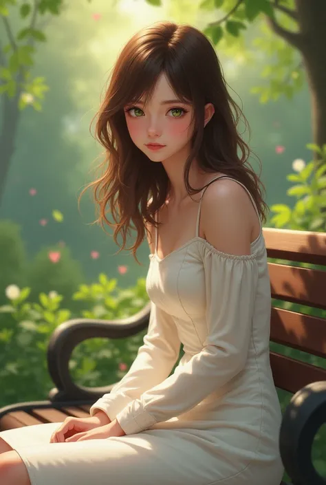 Young girl with long brown hair and green eyes is wearing a tight and long-sleeved white dress and is sitting on a park bench looking at the camera in love. 