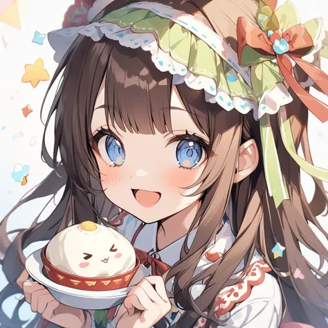  1 girl,  cute、bangs、light blue eyes 、 smiles, 
ribbon、 long hair loose、Brown Hair, Dumpling　Idol
