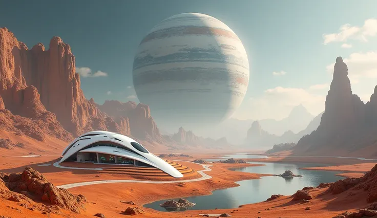 In the foreground, a sleek, a round planet with white futuristic buildings, On this occasion you are going to make a drawing of a planet divided into 3 new ones. You are going to geographically locate different cultures created by you. One that is desert, ...