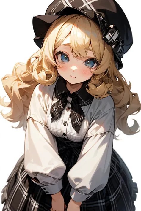  Blonde girl with curly hair , Cute clothes、(( white and black plaid hat )).((anime female eyes  :1.25)).