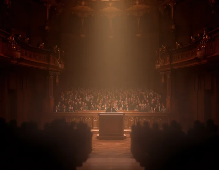 A photorealistic scene of a grand hall filled with a large audience seated in rows, capturing a historic and formal setting. The focus is on a podium at the center, surrounded by a classic wooden gallery. The background showcases intricate wooden architect...