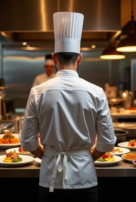 "A world-class chef seen strictly from behind, wearing a crisp white chefs coat with a tall, traditional chefs hat. The focus is on the chefs posture and movements, ensuring their face is not visible. They are standing in a luxurious, high-end kitchen fill...