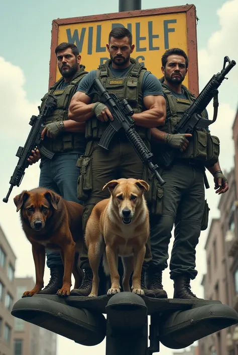 GROUP MAN HOLDING GUNS AND STANDING ON STREET LIGHT WITH THEIR DOGS AND AT THEIR BACK A SIGN BOARD PRINTED AS WILDLIFE DOGS