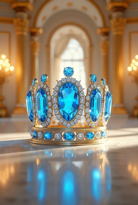 Create blue crown diamond that look shinning in golden Palace with one blue diamond in the middle and with white theme in all the beside of crown