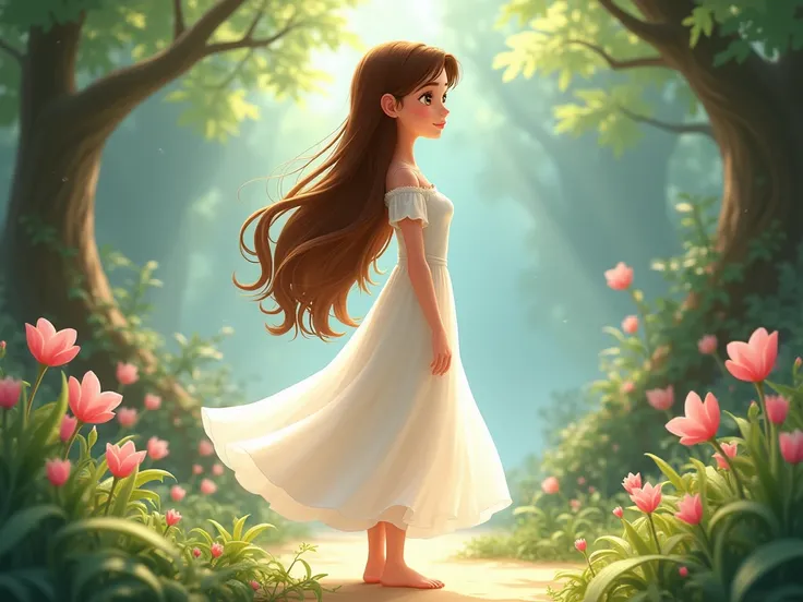 Beautiful girl, height 160 cm, white dress, long hair, neat, Disney style full body


