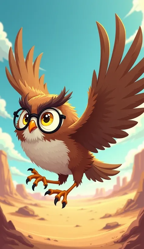 A big cartoon Owl (A wise- looking owl,Brown with white chest fluffy feathers, golden-yellow eyes, and black-rimmed round glasses, and a slightly sarcastic expression ) swoops in,flap wings and fights with cartoon hawk in air ,in a sunny desert
