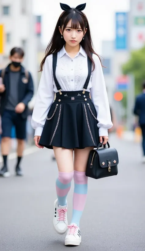 masterpiece, best quality, 1girl, solo, full body, walking in Shibuya, Jirai-kei look, white long-sleeved blouse with frilled collar, black suspender skirt with silver chain details, pastel blue and pink striped thigh-high socks, white platform sneakers wi...