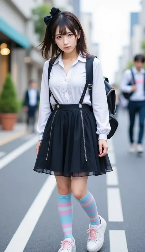 masterpiece, best quality, 1girl, solo, full body, walking in Shibuya, Jirai-kei look, white long-sleeved blouse with frilled collar, black suspender skirt with silver chain details, pastel blue and pink striped thigh-high socks, white platform sneakers wi...