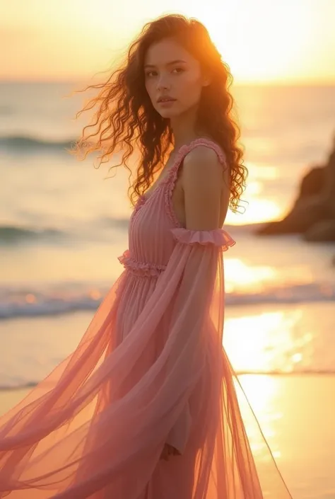 "A dazzling woman with waist-length curly hair, dressed in a flowing pink dress, standing on a beach during sunset, full-body portrait."