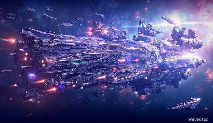 "An intense space battle between a human warship, the Revenant, and a Zora fleet. The human ship is sleek and modern, with intricate, glowing patterns, while the Zora ships are massive and imposing, filled with advanced alien technology. The scene is set i...