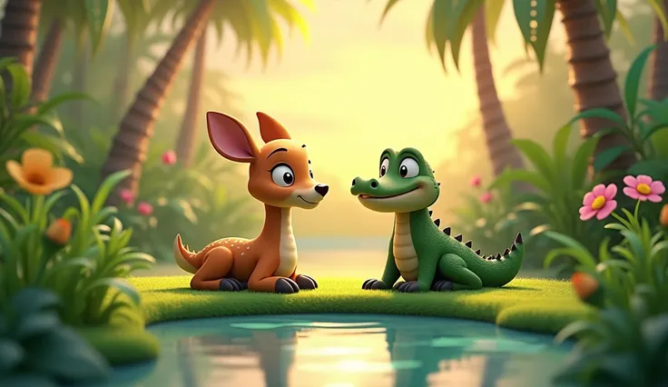 A peaceful 3D cartoon scene with a deer and crocodile sitting together on soft grass by a serene pond, enjoying each other’s company in a vibrant jungle under a golden sunset.
