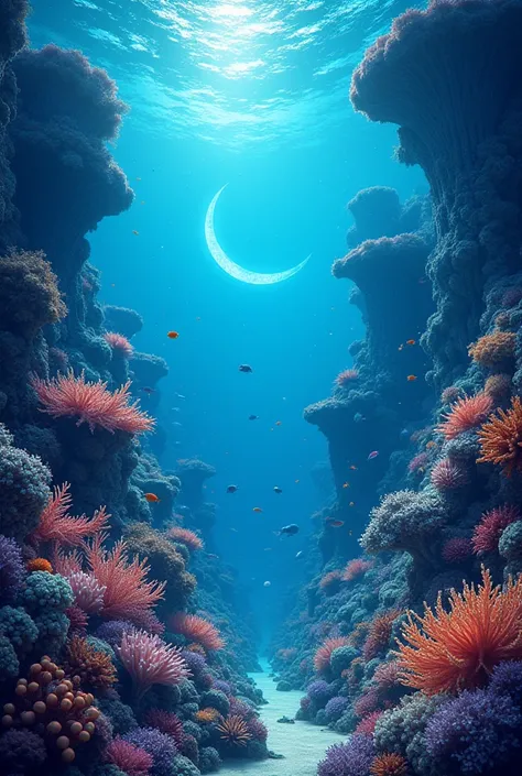 photography underwater world with corals, moon, stars and planets