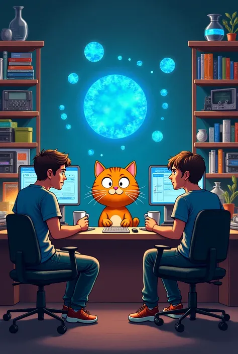 hidden shapes, and digital glitches being analyzed. Surrounding the cat are programmers in awe, holding coffee mugs and notebooks, while high-tech gadgets fill the room. The atmosphere is a mix of whimsical and high-tech