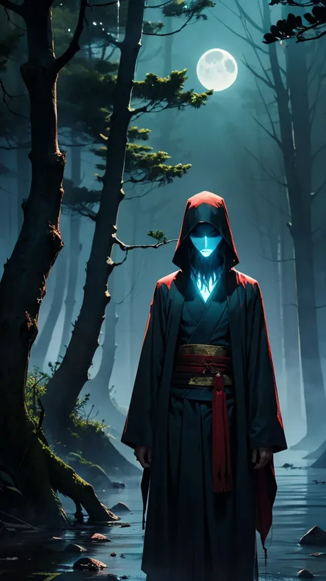  Mysterious Mysterious Ghost ，No Flesh and Blood ， Has a Strange and Terrible Head ， Adorned in a Beautiful Japanese Kimono ， Surrounded by a Dark Atmosphere {x}， Standing in a Mysterious Deep Forest Valley ， Desolate Expecting ，moonlight