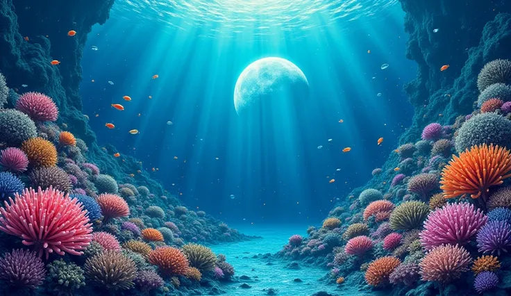 photography underwater world with corals, moon, stars and planets