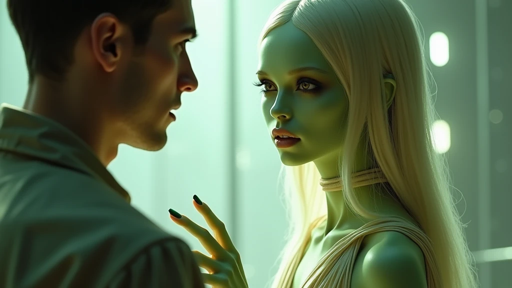 a sexy pale-green alien girl with deep detailed face, long hair, in dress, standing in front of a man. The alien girl is looking directly at him with a sharp, questioning expression. Her fingers are pointed towards herself, as if shes asking, Do you recogn...