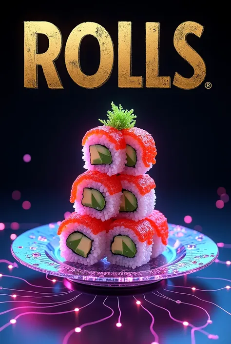 A futuristic, visually striking magazine cover. At the center, an artistic stack of oversized sushi rolls with glowing neon-red caviar and fresh green avocado slices, styled to appear luxurious and surreal. The rolls rest on a levitating, semi-transparent ...