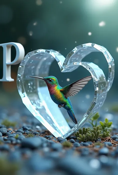 text "perez"in 3D and a hummingbird inside a heart-shaped crystal