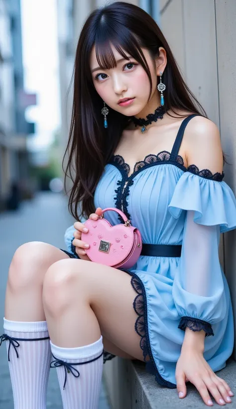 masterpiece, best quality, 1girl, solo, full body, leaning against a wall in Shibuya, Jirai-kei aesthetic, pastel blue dress with black lace details, puffy sleeves, white knee-high socks with black ribbons, black platform Mary Janes, dark purple lipstick, ...