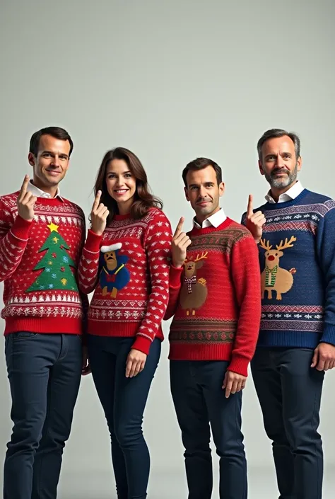  Create me a photo of Emmanuel Macron , elizabeth borne,  Francois Bayrou and Emmanuel Vals dressed in Christmas sweaters and doing a middle finger (fuck). Photorealistic 4k .