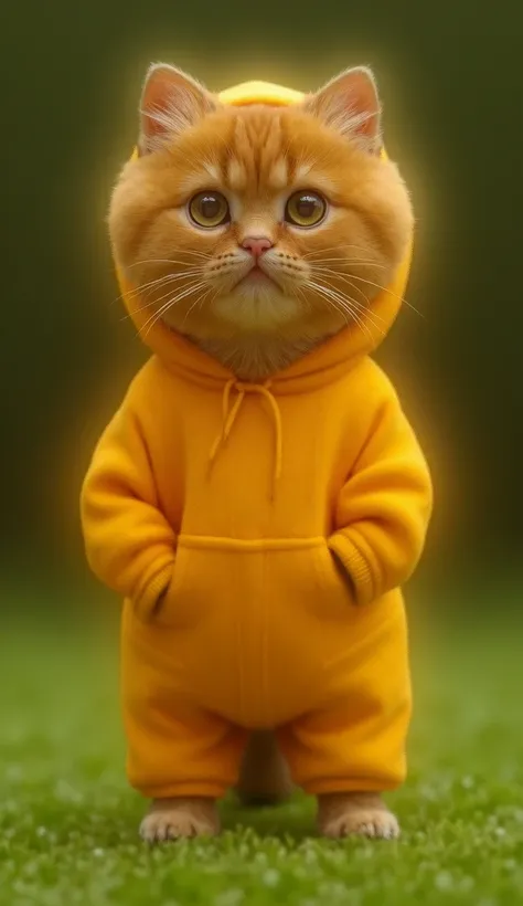 A cute Scottish Fold kitten is standing on a green carpet, he is wearing a thick yellow wool shirt that connects to his trousers and has a hood on his head.the hood has artificial ears, full body, HD, the hidden tail, standing straightforward