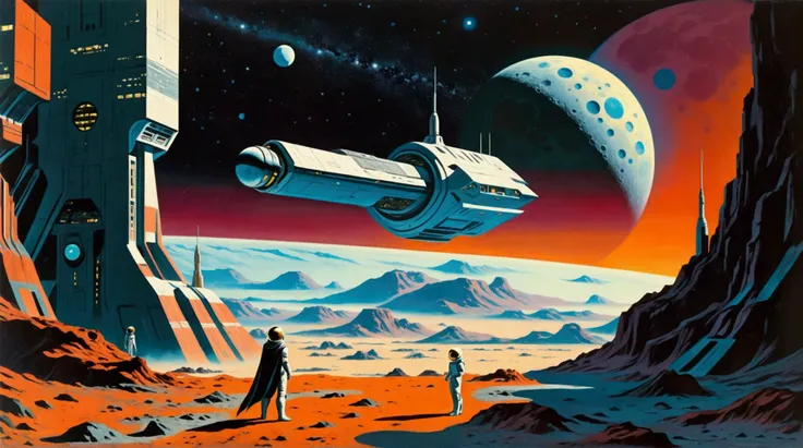 A large space ship standing in the ground, space scientists standing in the ground, Background with Earth visible, Moon Base, A futuristic moon base, Moons Surface. by Ed Emshwiller, Science Fiction, Retro-Futurism, Mid-future. Fairytale Illustration, Insp...