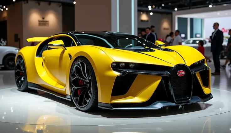 a sleek yellow  colour 2026 bugatti tourbillon darwazy open hony chahiye in showroom in public 8k hd prompt bna doo full right side closeup view full clear in showroom in public