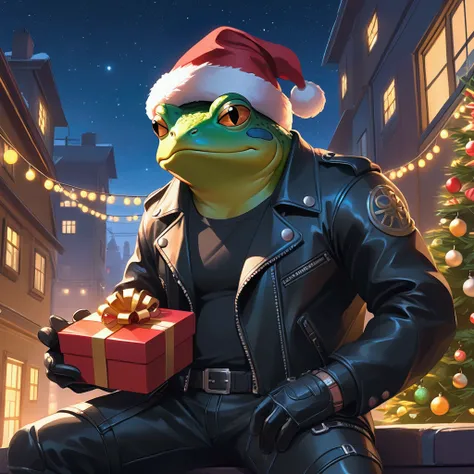 Closeup, An extremely badass anthropomorphic light blue and white bullfrog wearing an insanely cool black leather biker jacket open, Santa hat, black shirt, black leather biker gloves, black leather biker pants, giving it a cool, edgy appearance, holding t...