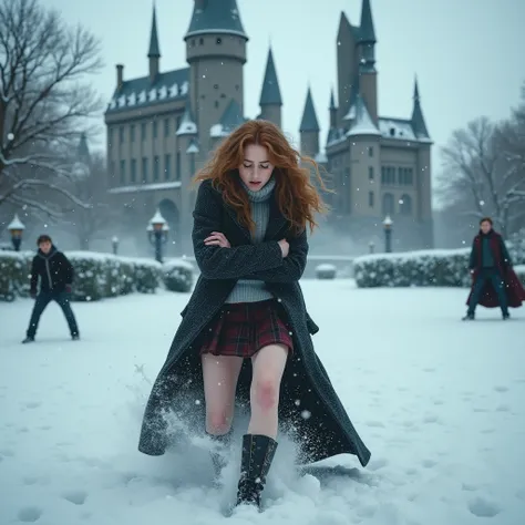 Emma watson, hermione granger, dark lord voldemort is casting a blizzard spell, hermione is facing voldemort but cannot match his ultimate power, woolen skirt, bare legs, griffindor coat, turtleneck, stilletos, hogwarts castle garden, full body, blizzard s...