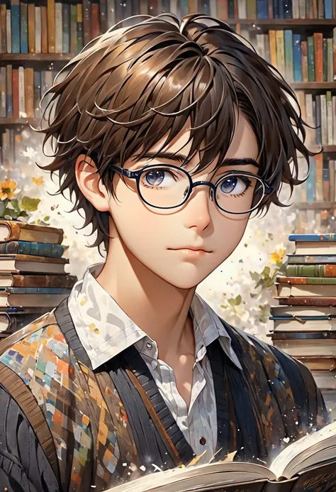 A  boy with brown hair and black eyes, wearing glasses and his hair is short and a little messy. He looks like he loves books very much.