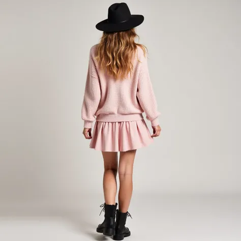 The image features a woman wearing a light pink sweater and a flared skirt, seen from behind. The sweater has a loose fit, creating a relaxed vibe, while the skirt offers a feminine touch with its flowing design. She is wearing black boots, which add a sty...