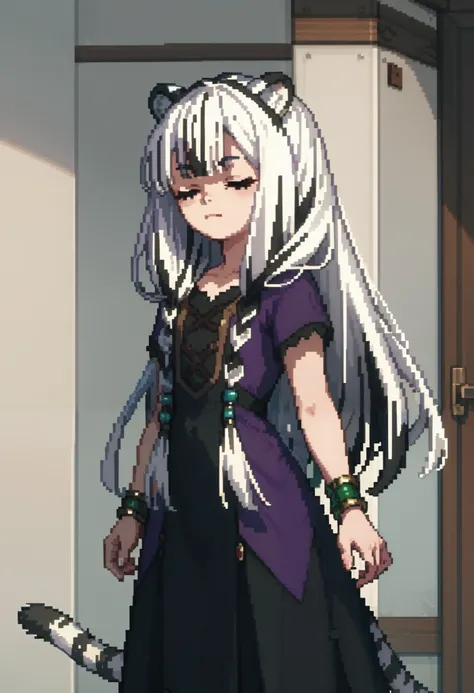 ((masterpiece)) pixel art style, 1girl, solo, long hair, white tiger ears, white tiger tail, white hair, black hair, multicolored hair, closed eyes, purple dress, black dress, multicolored dress, bracelets, game character sprite.