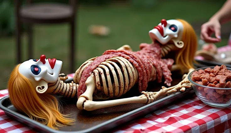 an attractive female with long blonde hair wearing clown makeup head attached to a scorched, skeleton torso, flat on her back facing left with eyes closed on a serving tray on the picnic table. The skeleton is holding layers of cooked slices on the torso b...