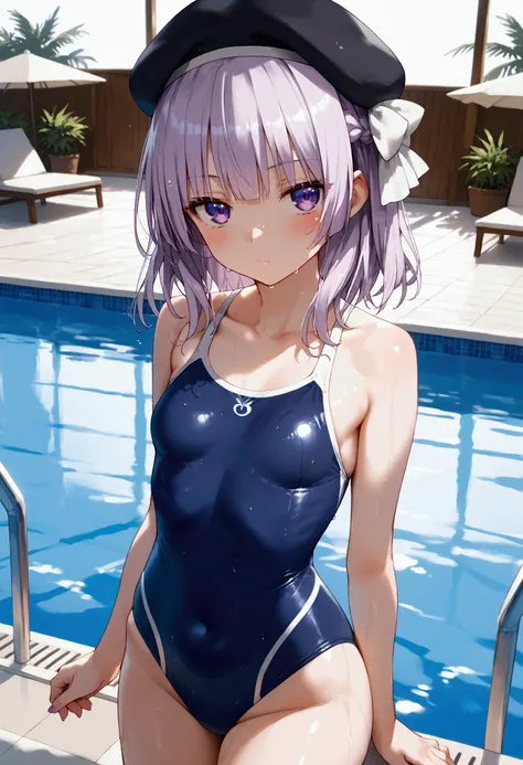 score_9,score_8_up,score_7_up,source_anime,high res image,shiny hair,1girl,solo,looking at viewer,Sakayanagi Arisu,beret,black headwear,medium hair,light purple hair,braid,hair bow,white bow,hair ribbon,white ribbon,sidelocks,blunt bangs,purple eyes,r,coll...