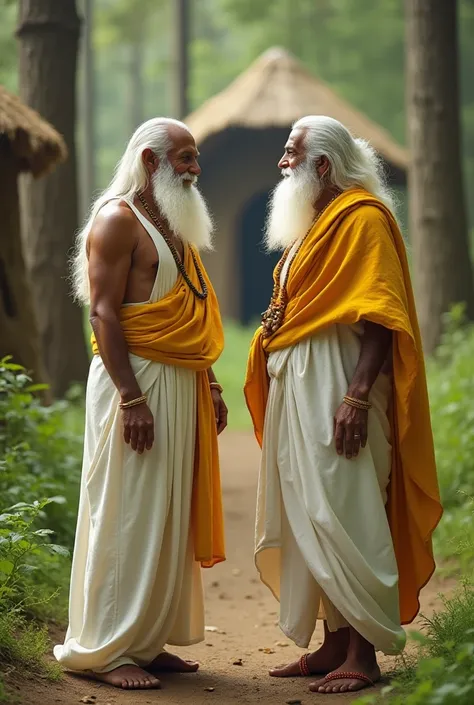 Two men  sages facing each other and smiling, fair yellow skin, divine sages, white Long hair, and long white beard, one of them wearing white bottom only dress, and a yellow shawl across their cheat, other one wearing white bottom only dress and white sha...