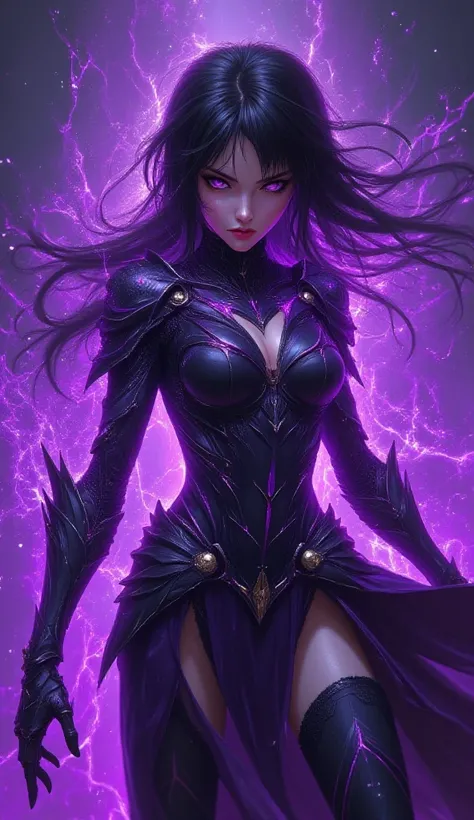 A dynamic, anime-style illustration of a dark-haired, female figure with purple energy emanating from their body and armor, set against a deep purple-gray background, emphasizing the characters intense power and dramatic pose.  Focus on detailed, stylized ...