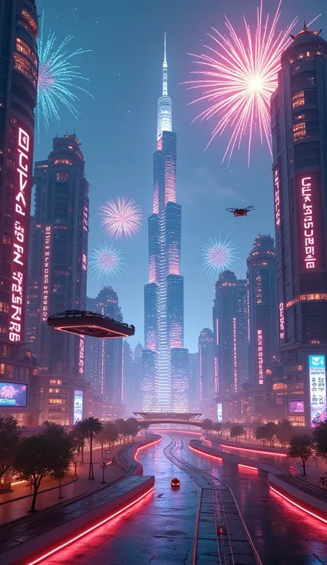 "A stunning futuristic city in the year 3025, with floating platforms and glowing skyscrapers that shimmer with neon lights. Holographic billboards project festive New Year messages, and the sky is filled with colorful fireworks. Hovering vehicles and dron...