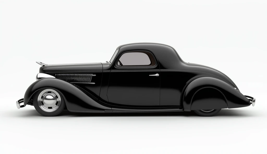 "A detailed and photorealistic side-view image of a classic 3-window coupe car with a black and shiny paint finish and gleaming chrome parts, showcasing the cars elegant vintage style and design. The car is captured in profile, highlighting its smooth curv...