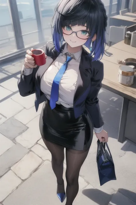 score_9, score_8_up, score_7_up, masterpiece, best quality, YelanV4, 1girl, solo, looking at viewer, blush, smile, large breasts, green eyes, ((blue glasses, black jacket, white collared shirt, blue necktie, black skirt, red high heels, shoes:1.3)), sittin...