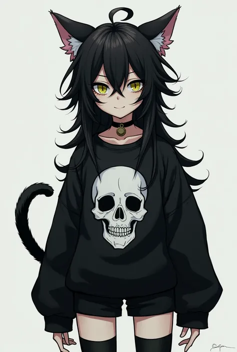 Artwork of a teenage boy with long puffy black hair that is covering both his eyes, the boy has black cat ears on the side of this head, the boy has one black cat tail, he is wearing a thin black collar with a bell on his neck, the boy has a white skin ton...