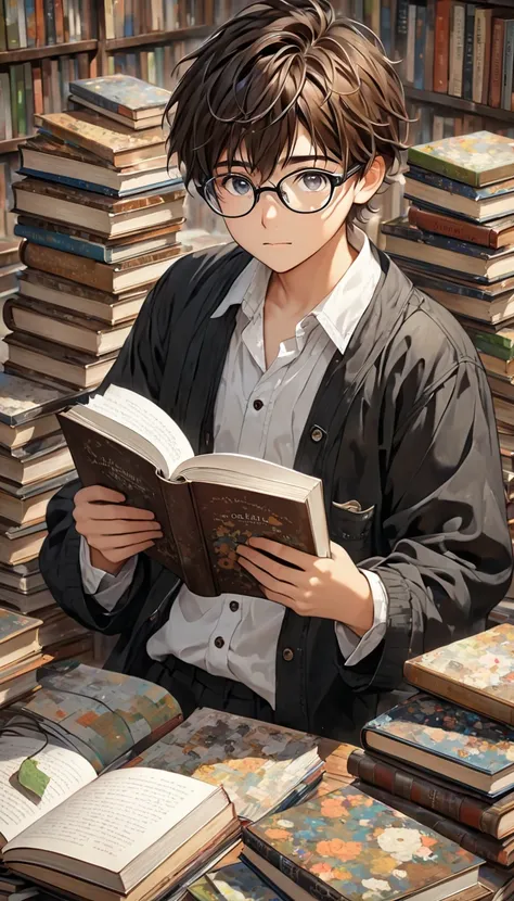 A  boy with brown hair and black eyes, wearing glasses and his hair is short and a little messy. He looks like he loves books very much.