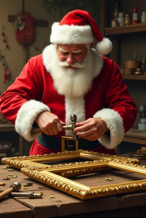 Santa Claus assembling golden frames with a hammer and nails, with the words buon Natale, Santa Claus che fa le cornici