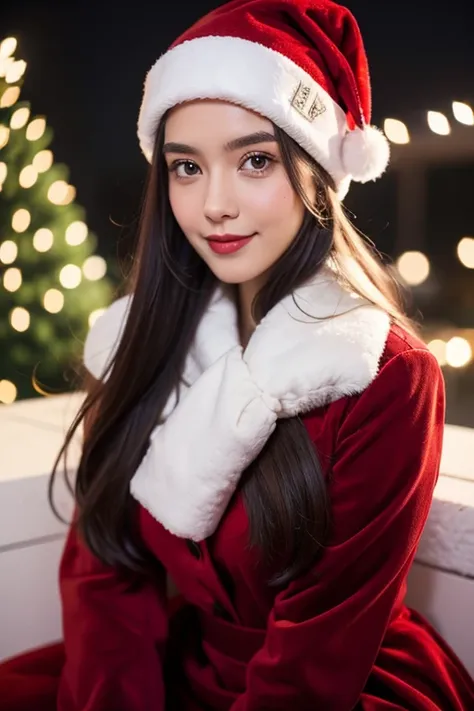 Beautiful girl looking at the viewer ,christmas festival,, put on a red christmas-red velvet dress, decorated with white fur trim , Red tight skirt, velvet trimmed with white fur trim ,, clear white skin, soft cheeks, Smiling charmingly, seeing ,Sharp face...