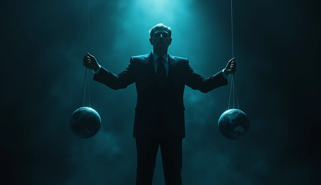 **Prompt:**  
A dramatic and mysterious scene featuring a man in a sharp black suit, standing in the shadows, with his arms outstretched. In each hand, he holds strings that dangle down, controlling a glowing, realistic Earth as if it were a puppet. The Ea...