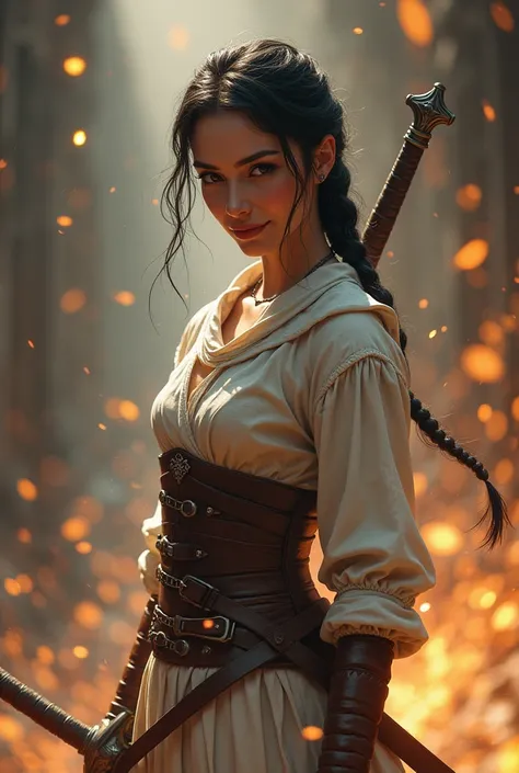 Ferocious, female medival warrior, dark hair tied in single neat braid, lot of lit particles in surrounding, full body light coloured clothes minimal leather armour, Holding a intricately carved big sword, she has swagger, smiling, side pose