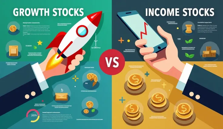 Create a sleek, modern poster with the title "Growth Stocks vs. Income Stocks" in bold, eye-catching typography. Divide the poster into two sections, using bright colors like green or blue for Growth Stocks and calm tones like gold or navy for Income Stock...