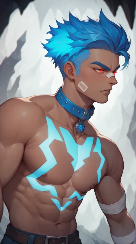 masterpiece,  Best Quality , Ghost Handsome Guy , Soul body，Handsome boy，slim figure，dark cave， glowing red eyes ，bandage，Blue hair，Glowing Tattoos ， dark skin ，(White mucus body )，Collar