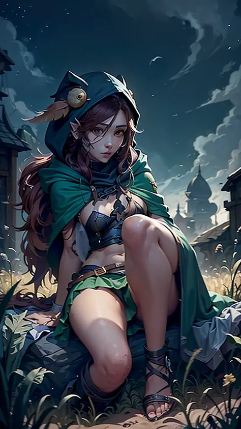 A gram,  sky, field, League of Legends, 1 , goblin, Druid,  animal ears , tie legs,  Long legs, tie, tie, bird legs, bird skull, cape, close your,  ears by the headdress ,  eyes visible through the hair, face drawings , feathers, hood, hooded cape,   long ...