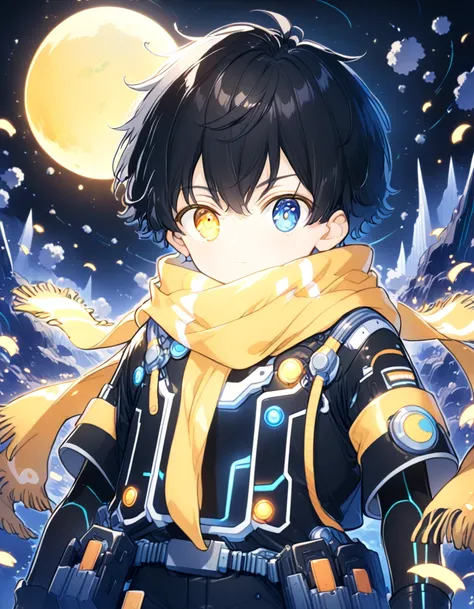 Detailed 8k cute theme , Boy in the scarf , short disheveled black hair and heterochromatic eyes wearing SCI-FI explorer costume with full moon in the background