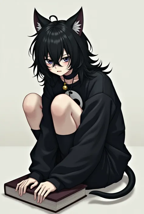 Artwork of a teenage boy with long puffy black hair that is covering both his eyes, the boy has black cat ears on the side of this head, the boy has one black cat tail, he is wearing a thin black collar with a bell on his neck, the boy has a white skin ton...